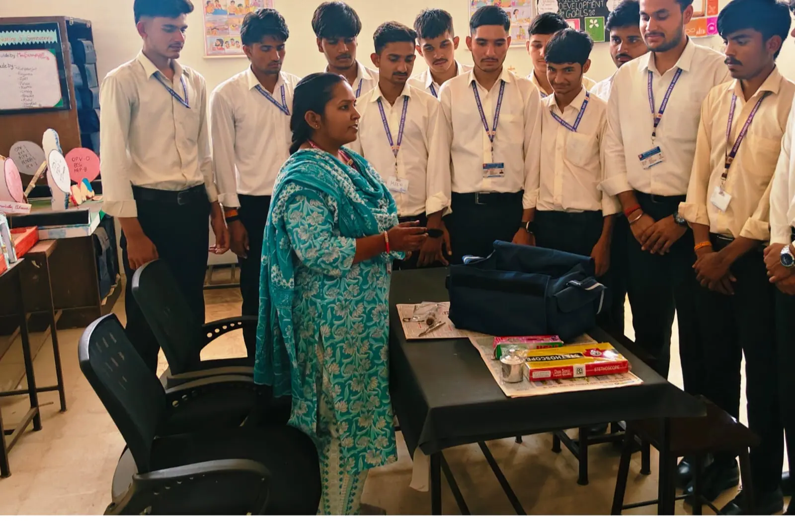 Nursing students participating in a practical demonstration