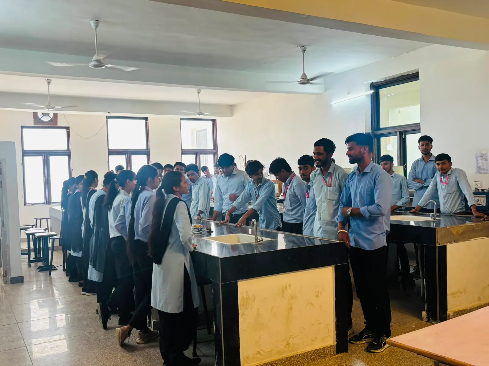 Students completing practical work in a pharmacy laboratory